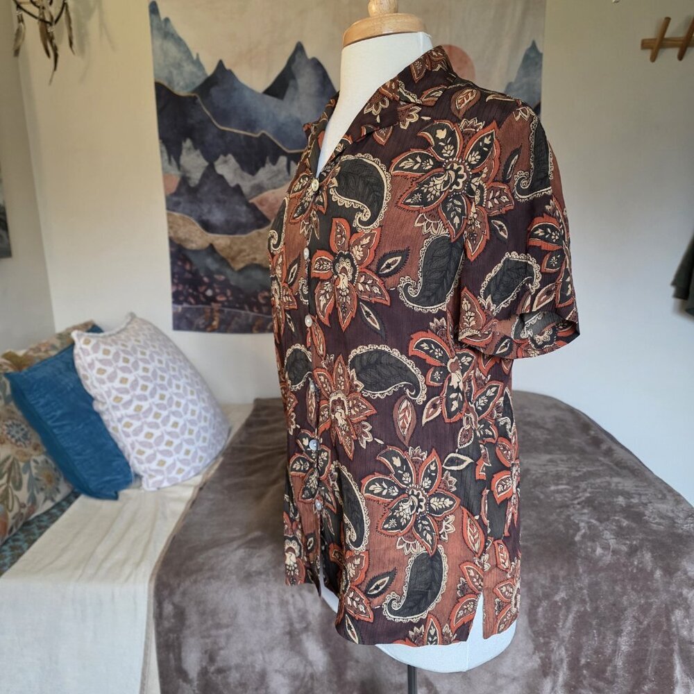 Amanda Smith Petite 100% Silk Blouse Paisley Brown Boho Earthy Coastal Grandma - Picture 3 of 14